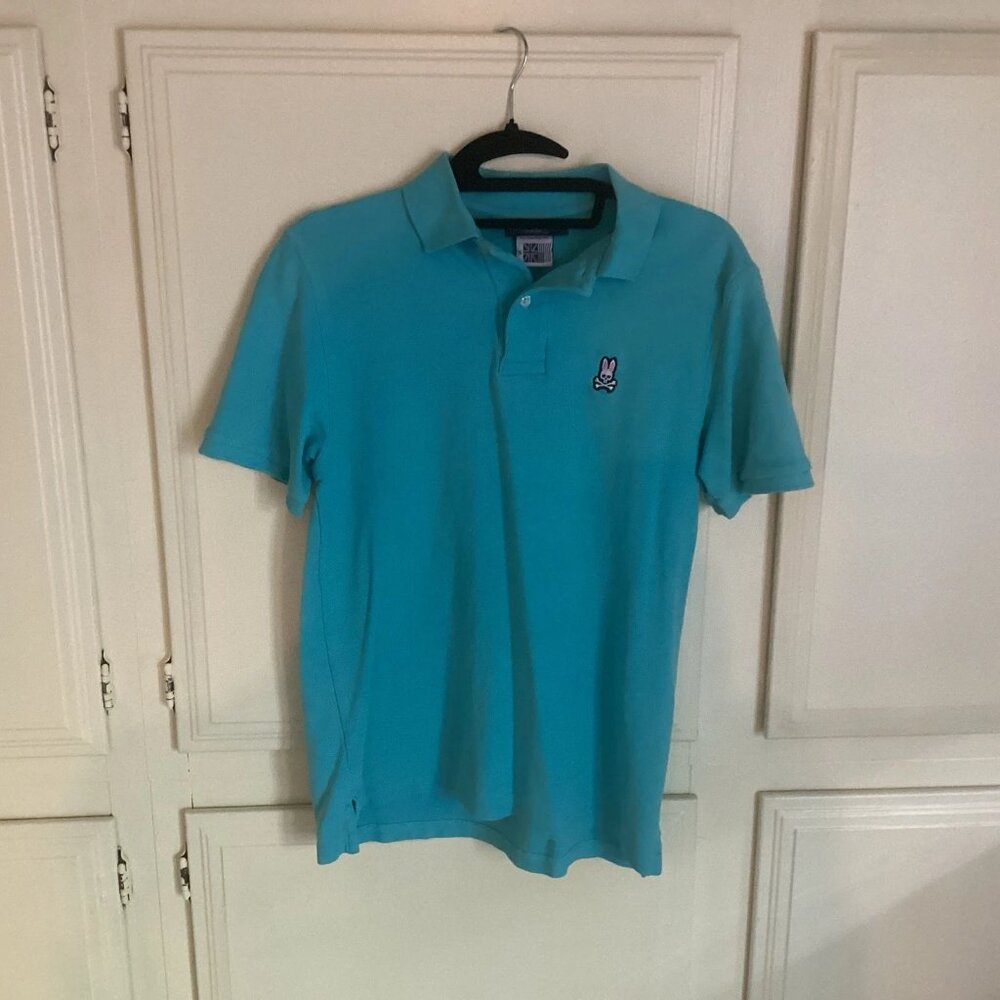 PSYCHO BUNNY Polo Pima Cotton Blue Rugby Skull Crossbones Logo Men’s UK 5